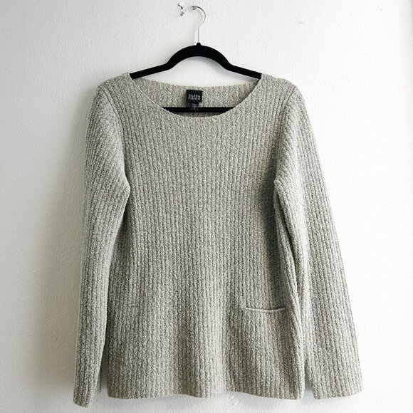 EILEEN FISHER Bouclé Wool/Nylon Pullover Pocket Sweater in Oatmeal Heather - Picture 2 of 7